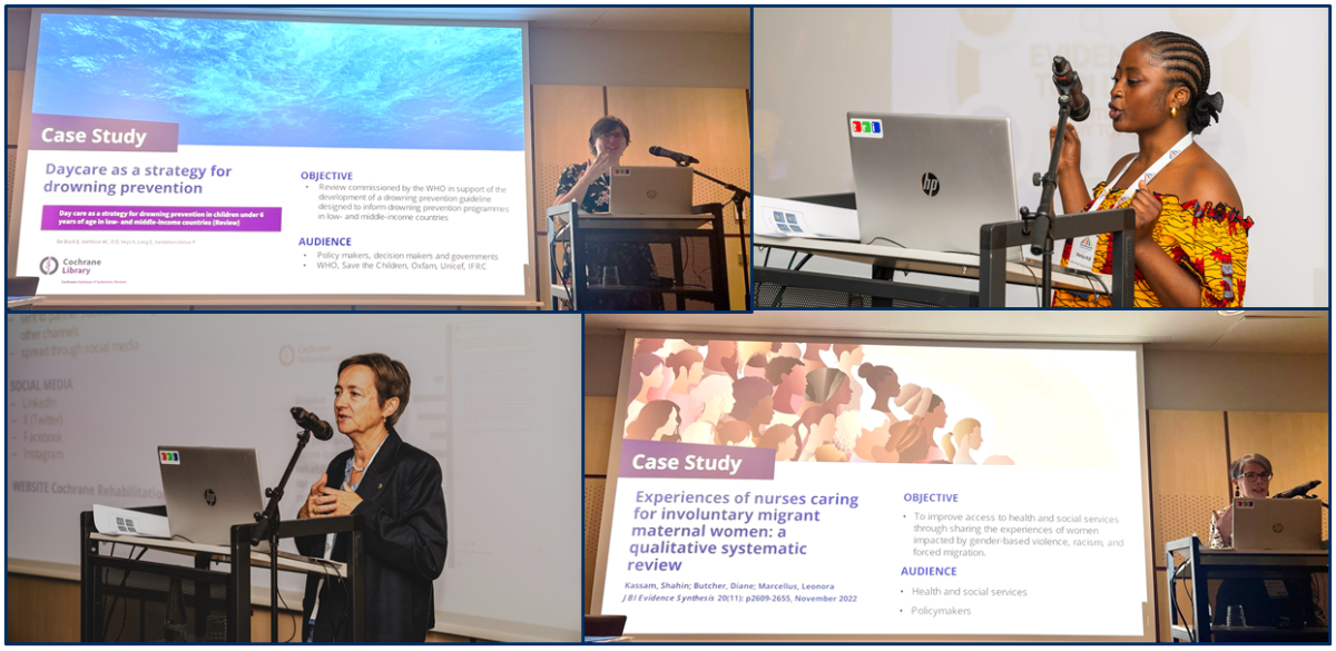 Case examples presented by Jorien Laermans of Cochrane First Aid (top left); Penka Bogne of eBASE Africa (top right); Carlotte Kiekens of Cochrane Rehabilitation (bottom left); and Bianca Pilla of JBI (bottom right).