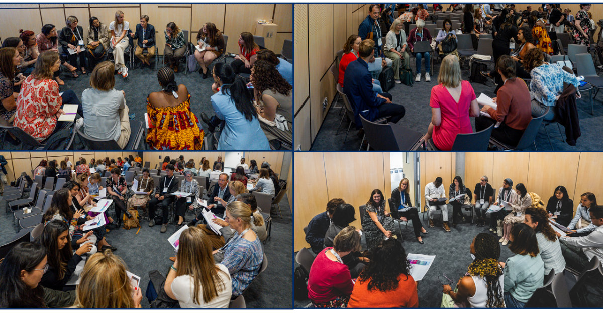 Discussions led by Carlotte Kiekens and Penka Bogne (top left); Heather McCulloch of JBI and Tine D’aes of Cochrane First Aid (top right); (3) Bianca Pilla and Jorien Laermans (bottom left); (4) Celeste Naude and Muriah Umoquit of Cochrane (bottom right).